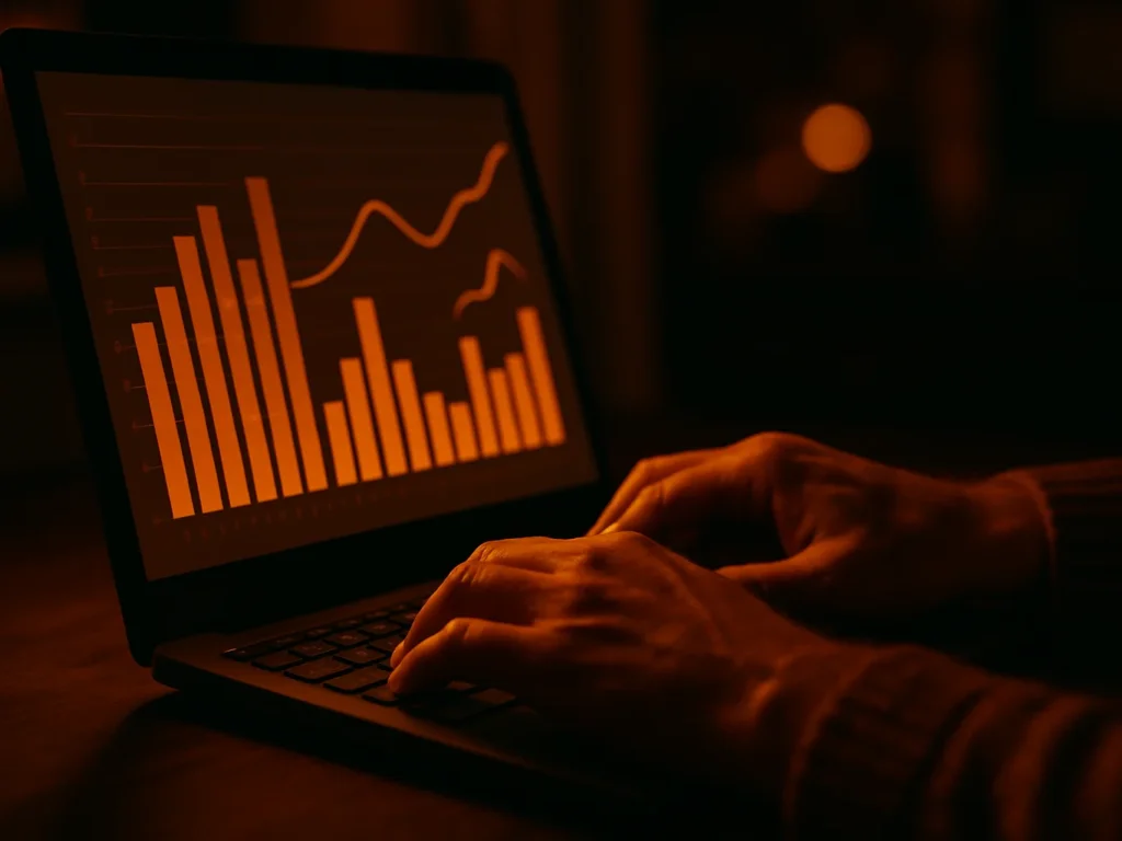 Gros plan sur des mains tapant sur un clavier d'ordinateur portable la nuit, écran affichant un graphique d'analyse de performance, ambiance chaude évoquant la rédaction et l'optimisation d'un titre d'article