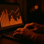 Gros plan sur des mains tapant sur un clavier d'ordinateur portable la nuit, écran affichant un graphique d'analyse de performance, ambiance chaude évoquant la rédaction et l'optimisation d'un titre d'article