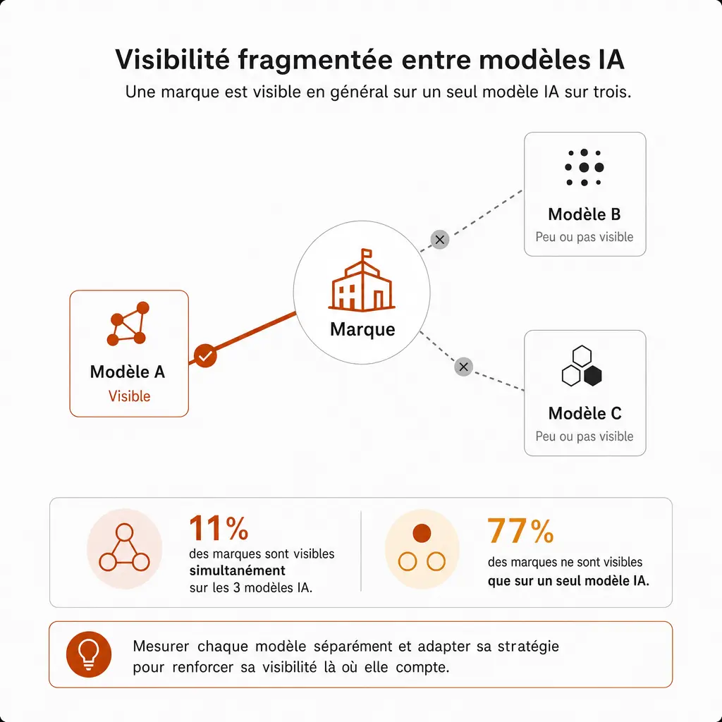Infographie montrant la fragmentation de la visibilité des marques entre modèles IA : 11% visibles sur les 3 modèles, 77% visibles sur un seul