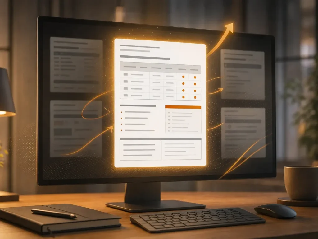 Écran d'ordinateur mettant en valeur un contenu web structuré (tableau, listes) parmi d'autres contenus flous, symbolisant le contenu récompensé par les AI Overviews