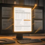 Écran d'ordinateur mettant en valeur un contenu web structuré (tableau, listes) parmi d'autres contenus flous, symbolisant le contenu récompensé par les AI Overviews