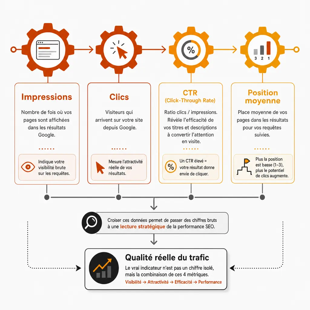 Schéma des 4 indicateurs clés Google Search Console : impressions, clics, CTR et position moyenne