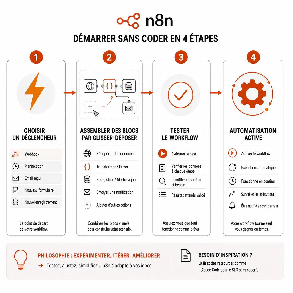 Infographie en 4 étapes pour démarrer avec n8n sans coder : choisir un déclencheur, assembler des blocs, tester le workflow, activer l'automatisation