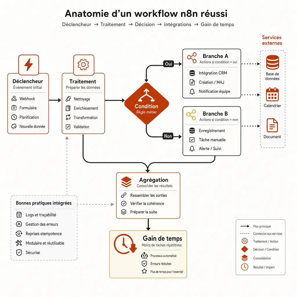 Schéma de l'anatomie d'un workflow n8n réussi : déclencheur, traitement, condition, intégrations externes, agrégation et gain de temps
