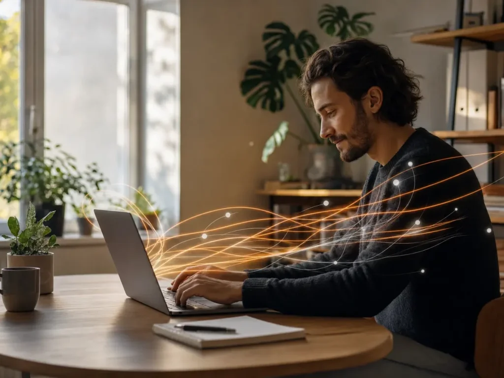 Un professionnel travaille sereinement sur son ordinateur portable, entouré de flux lumineux symbolisant l'automatisation de ses tâches avec n8n