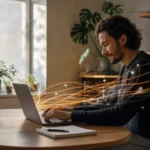Un professionnel travaille sereinement sur son ordinateur portable, entouré de flux lumineux symbolisant l'automatisation de ses tâches avec n8n