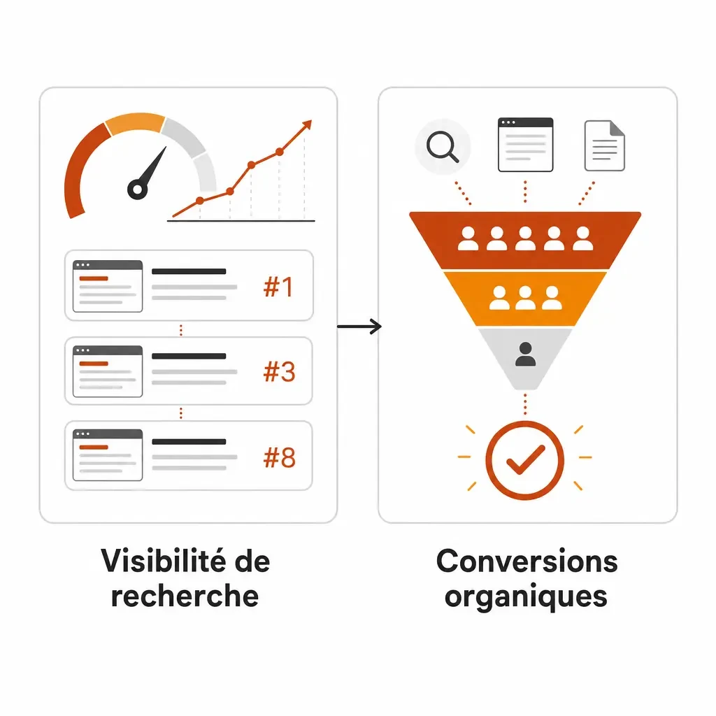 Schéma des deux KPI SEO incontournables : jauge de visibilité de recherche avec positions SERP à gauche, entonnoir de conversions organiques à droite, reliés par une flèche.