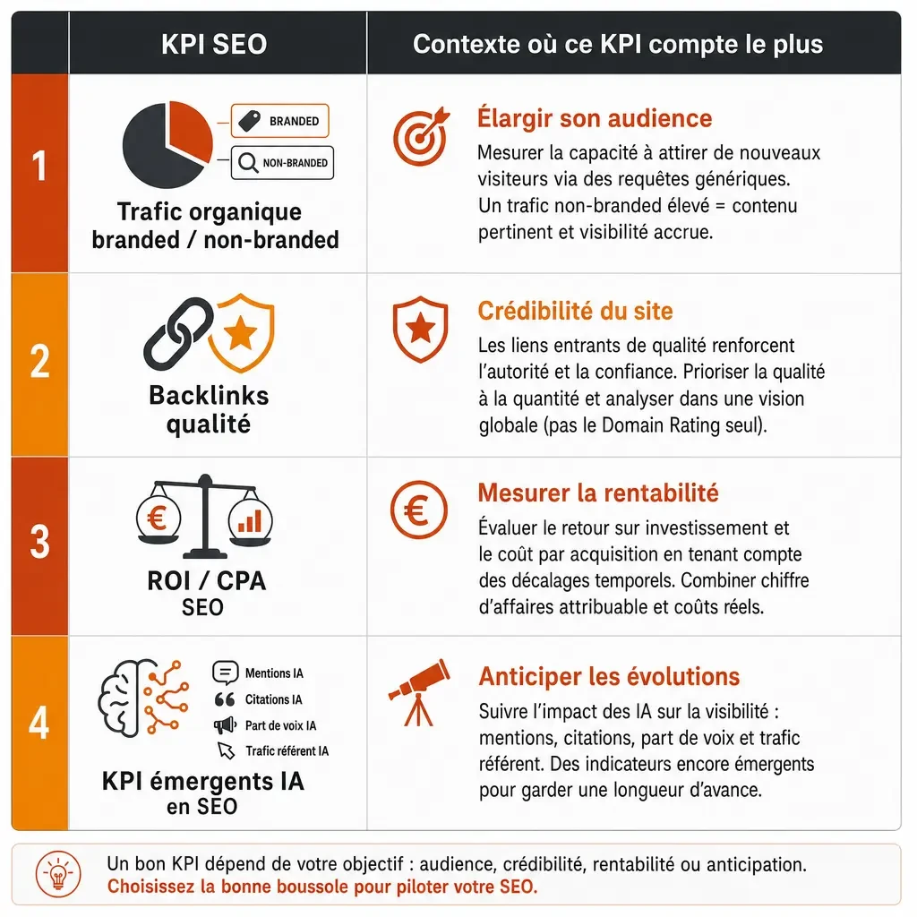 Tableau comparatif des KPI SEO secondaires selon le contexte : trafic branded/non-branded, backlinks qualité, ROI/CPA, KPI émergents liés à l'IA, chacun associé à son objectif (audience, crédibilité, rentabilité, anticipation).
