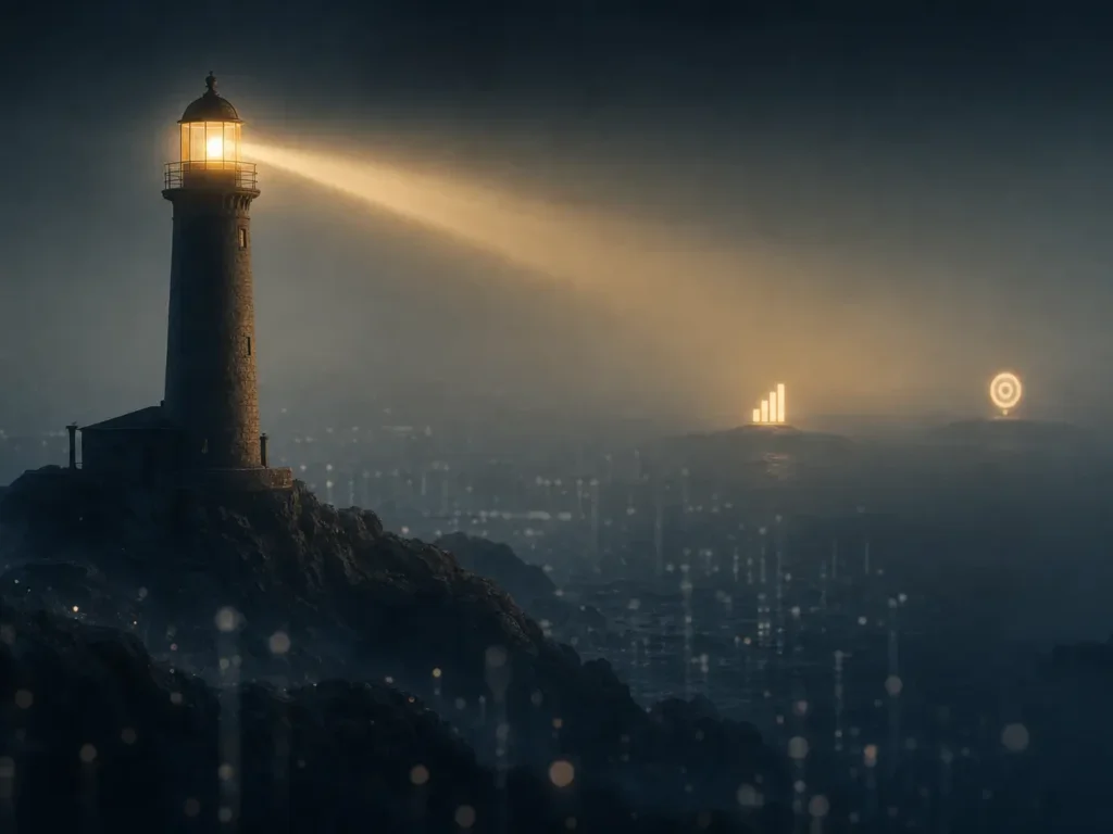 Phare sur une côte rocheuse illuminant deux repères dans la brume numérique, symbolisant le choix des quelques KPI SEO essentiels à suivre plutôt que la surcharge de données.