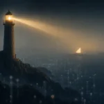 Phare sur une côte rocheuse illuminant deux repères dans la brume numérique, symbolisant le choix des quelques KPI SEO essentiels à suivre plutôt que la surcharge de données.
