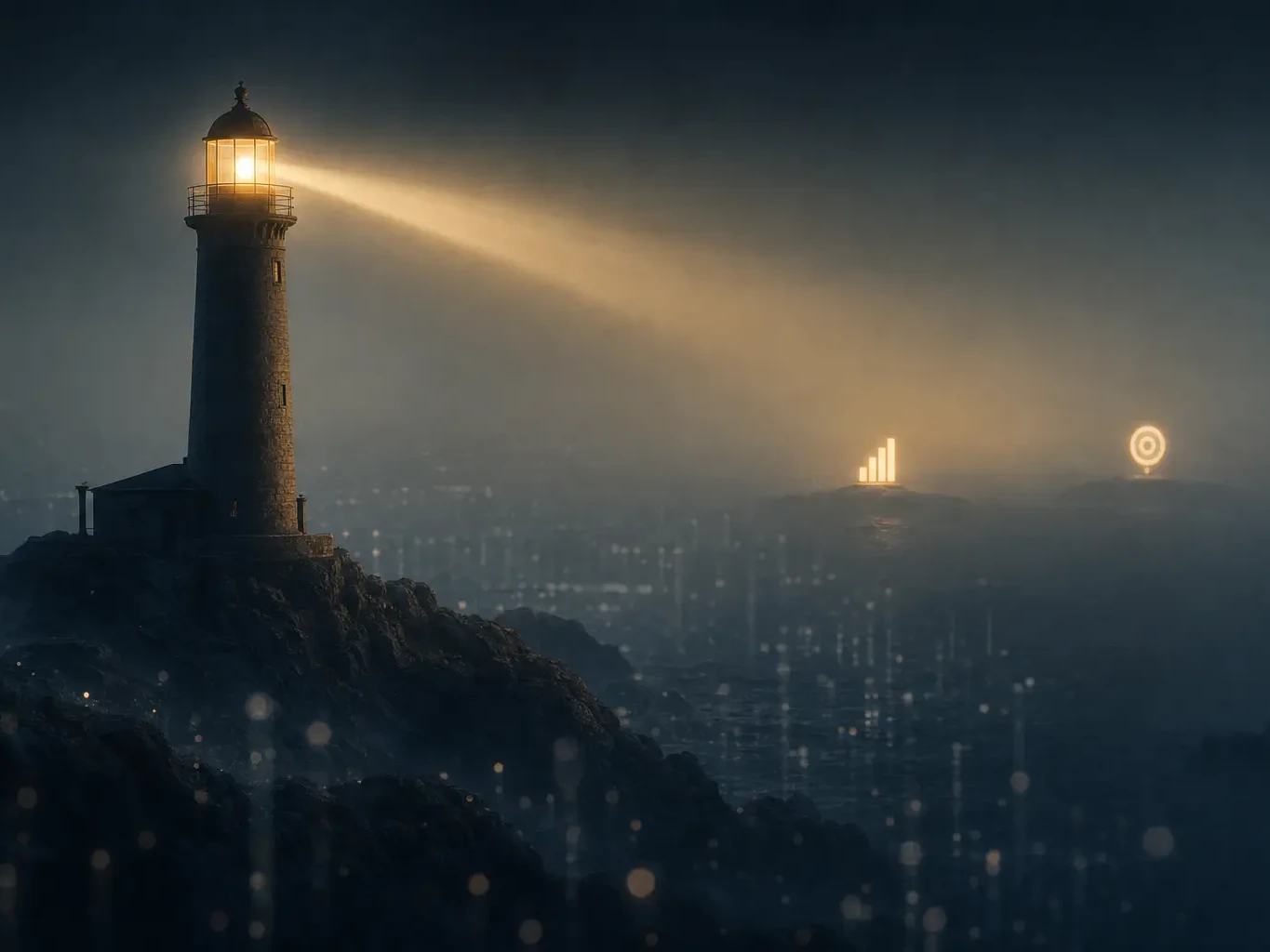 Phare sur une côte rocheuse illuminant deux repères dans la brume numérique, symbolisant le choix des quelques KPI SEO essentiels à suivre plutôt que la surcharge de données.