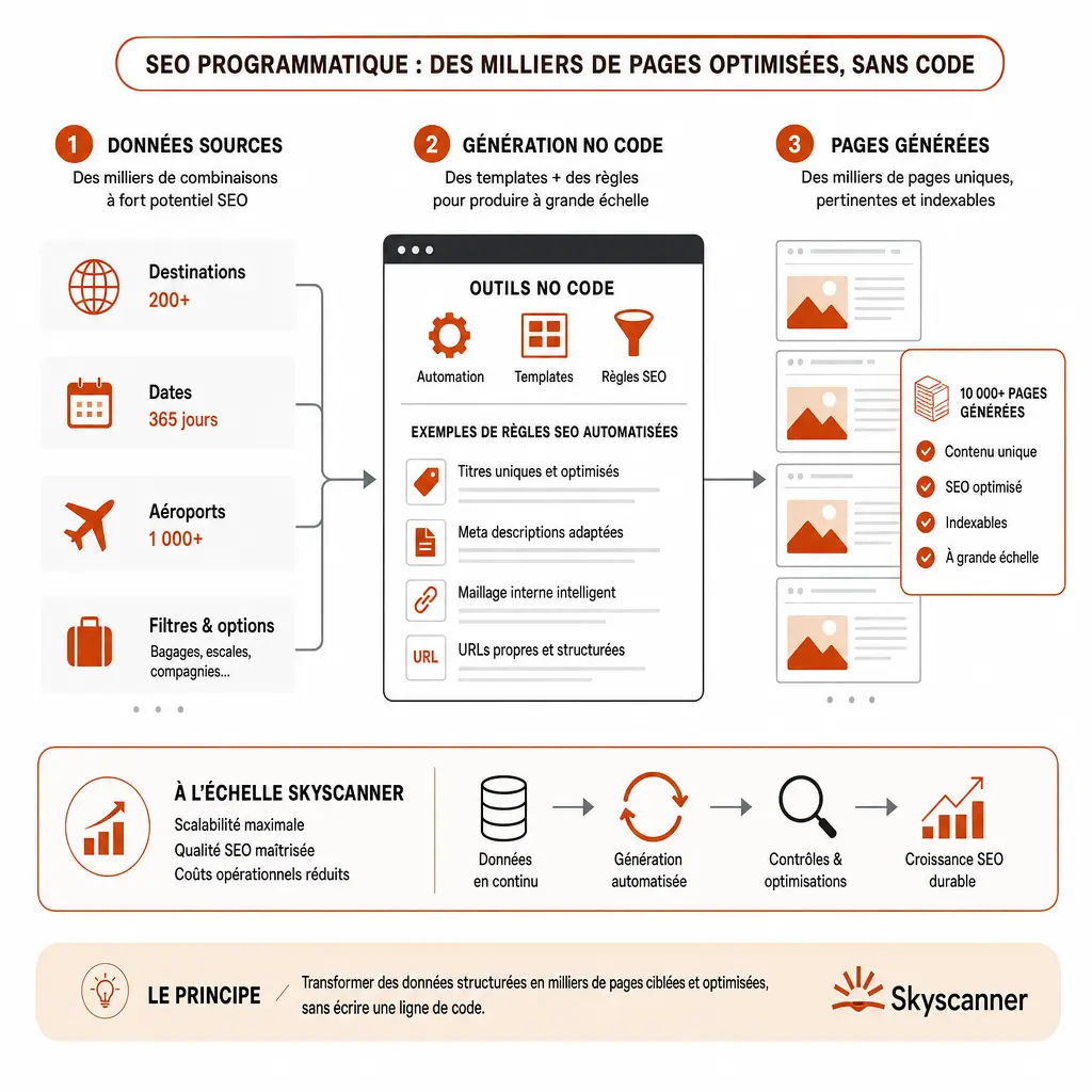 Infographie expliquant le SEO programmatique : génération automatique de milliers de pages optimisées via des outils no-code, à l’échelle de Skyscanner