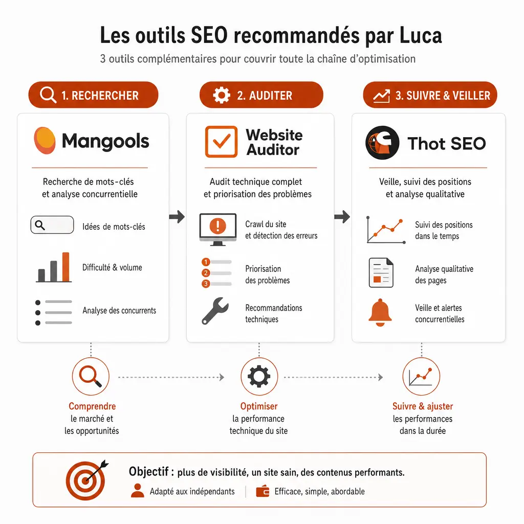 Infographie des trois outils SEO recommandés par Luca Fancello : Mangools pour la recherche de mots-clés, Website Auditor pour l’audit technique, Thot SEO pour la veille et le suivi de positions