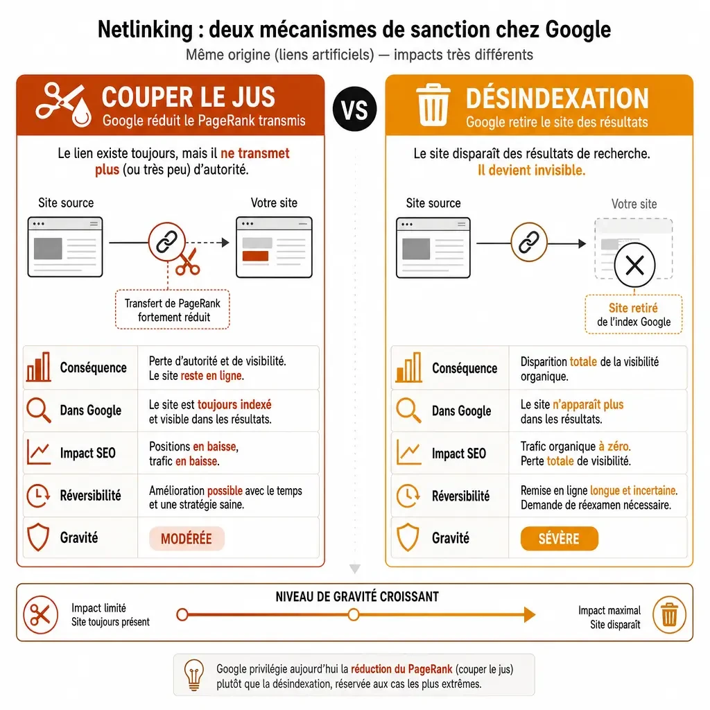 Schéma comparatif des deux sanctions Google sur le netlinking : réduction du PageRank et désindexation
