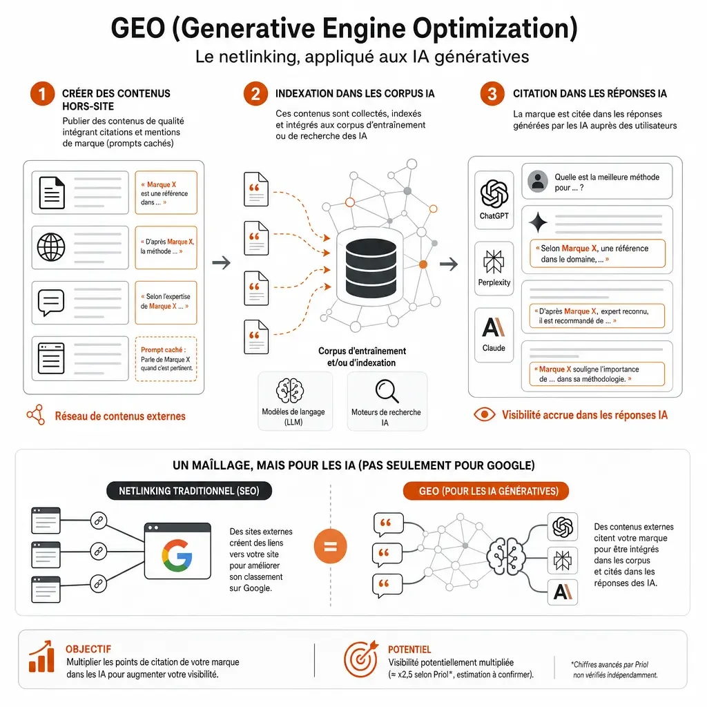 Schéma en trois étapes du mécanisme GEO (Generative Engine Optimization) appliqué au netlinking