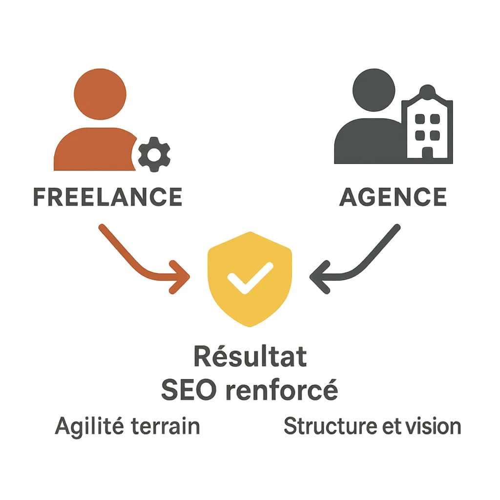 Infographie comparative montrant la complémentarité entre un freelance SEO et une agence, convergeant vers un résultat SEO renforcé