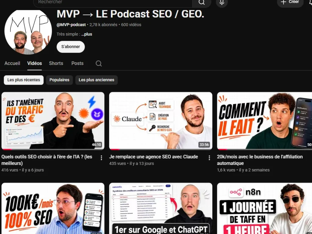 Capture de la chaîne YouTube du podcast MVP — LE Podcast SEO / GEO, animé par ses deux fondateurs.