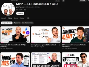 Capture de la chaîne YouTube du podcast MVP — LE Podcast SEO / GEO, animé par ses deux fondateurs.