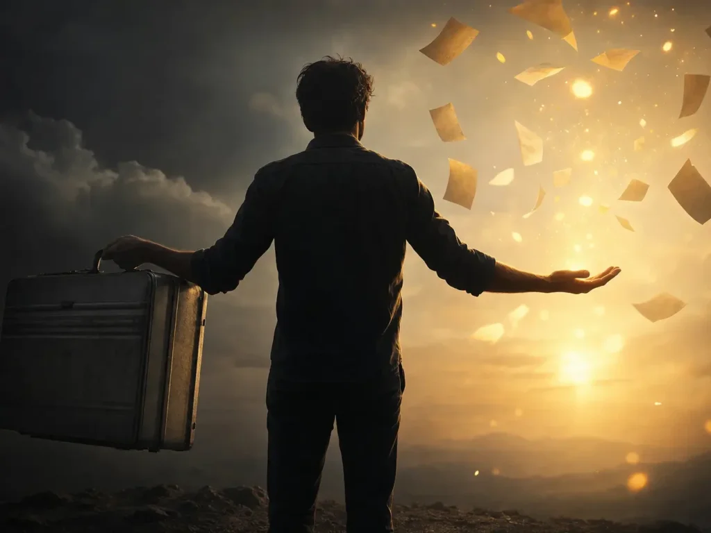 Silhouette d'un homme de dos tenant une mallette d'une main et libérant des feuilles lumineuses de l'autre face à un lever de soleil, symbole de l'arrêt de la prospection commerciale SEO au profit d'une activité plus libre.