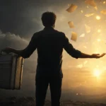 Silhouette d'un homme de dos tenant une mallette d'une main et libérant des feuilles lumineuses de l'autre face à un lever de soleil, symbole de l'arrêt de la prospection commerciale SEO au profit d'une activité plus libre.