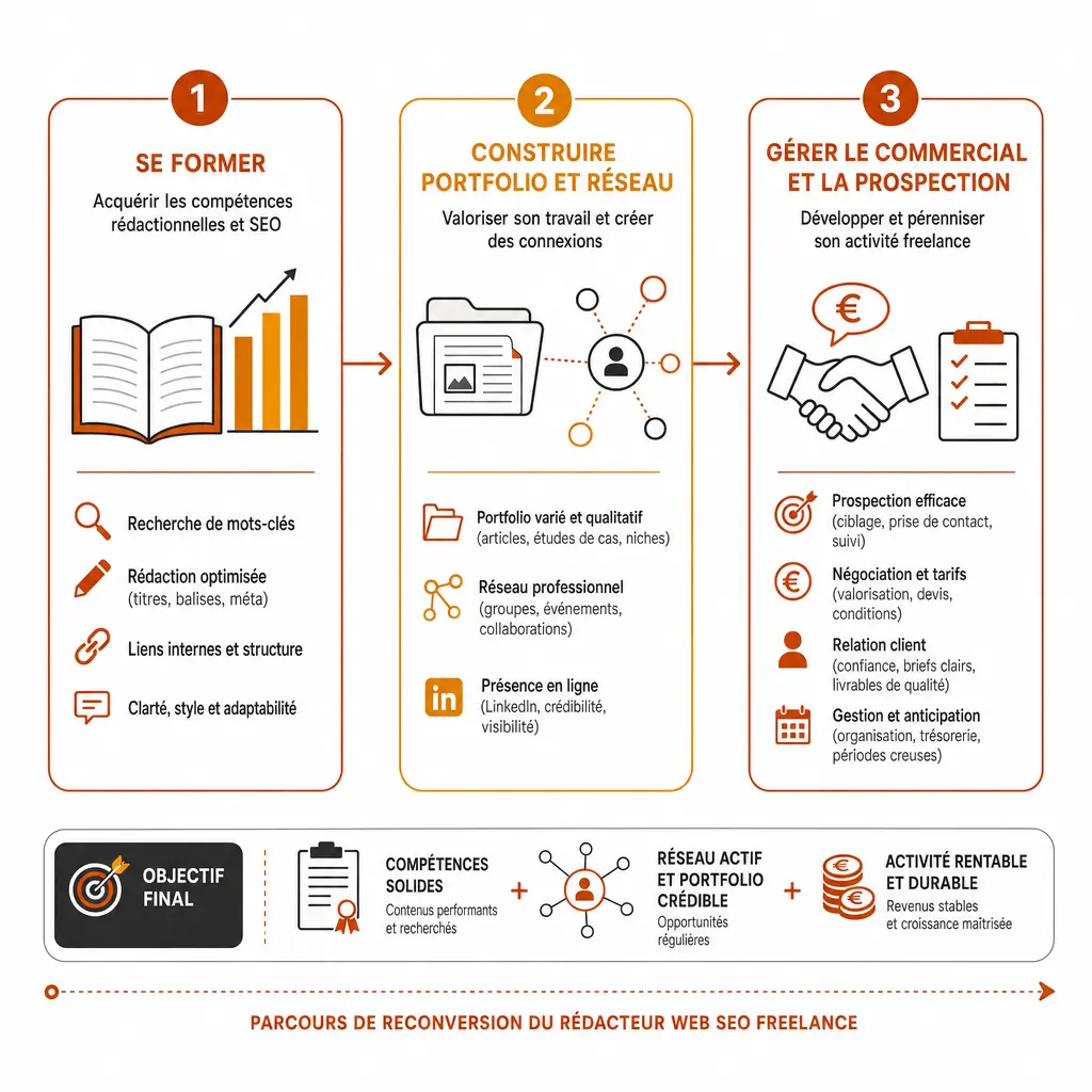 Schéma en 3 étapes du parcours de reconversion vers rédacteur web SEO freelance : se former, construire portfolio et réseau, gérer le commercial et la prospection