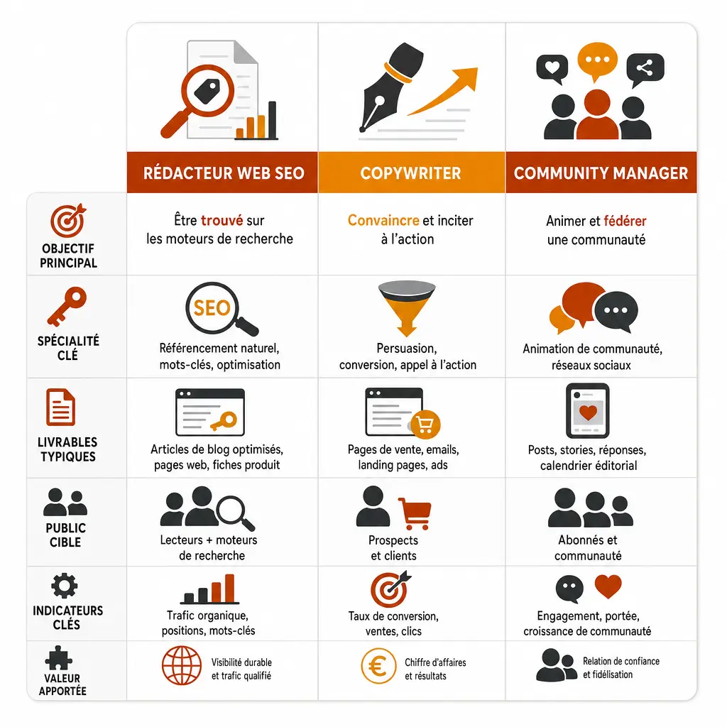 Tableau comparatif entre rédacteur web SEO, copywriter et community manager : objectif, spécialité, livrables, public cible et indicateurs clés de chaque métier
