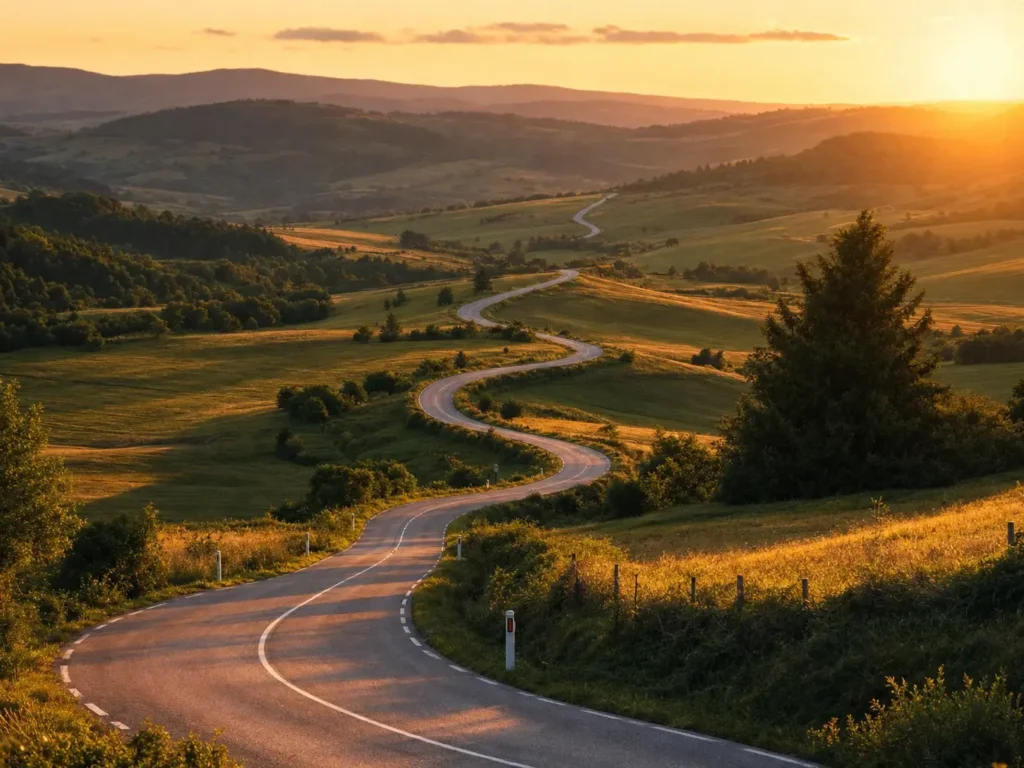 Route de campagne sinueuse au coucher du soleil, symbole du chemin long et progressif d'une reconversion professionnelle vers le métier de rédacteur web SEO