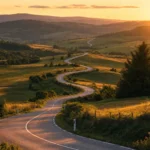 Route de campagne sinueuse au coucher du soleil, symbole du chemin long et progressif d'une reconversion professionnelle vers le métier de rédacteur web SEO