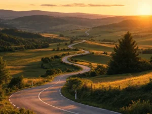 Route de campagne sinueuse au coucher du soleil, symbole du chemin long et progressif d'une reconversion professionnelle vers le métier de rédacteur web SEO