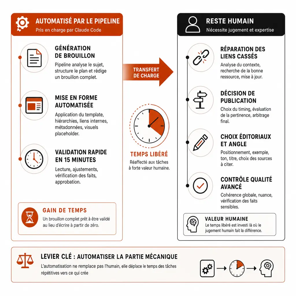 Schéma comparant les tâches automatisées par le pipeline éditorial (génération de brouillon, mise en forme, validation en 15 minutes) et les tâches qui restent humaines (réparation de liens cassés, décision de publication, choix éditoriaux).