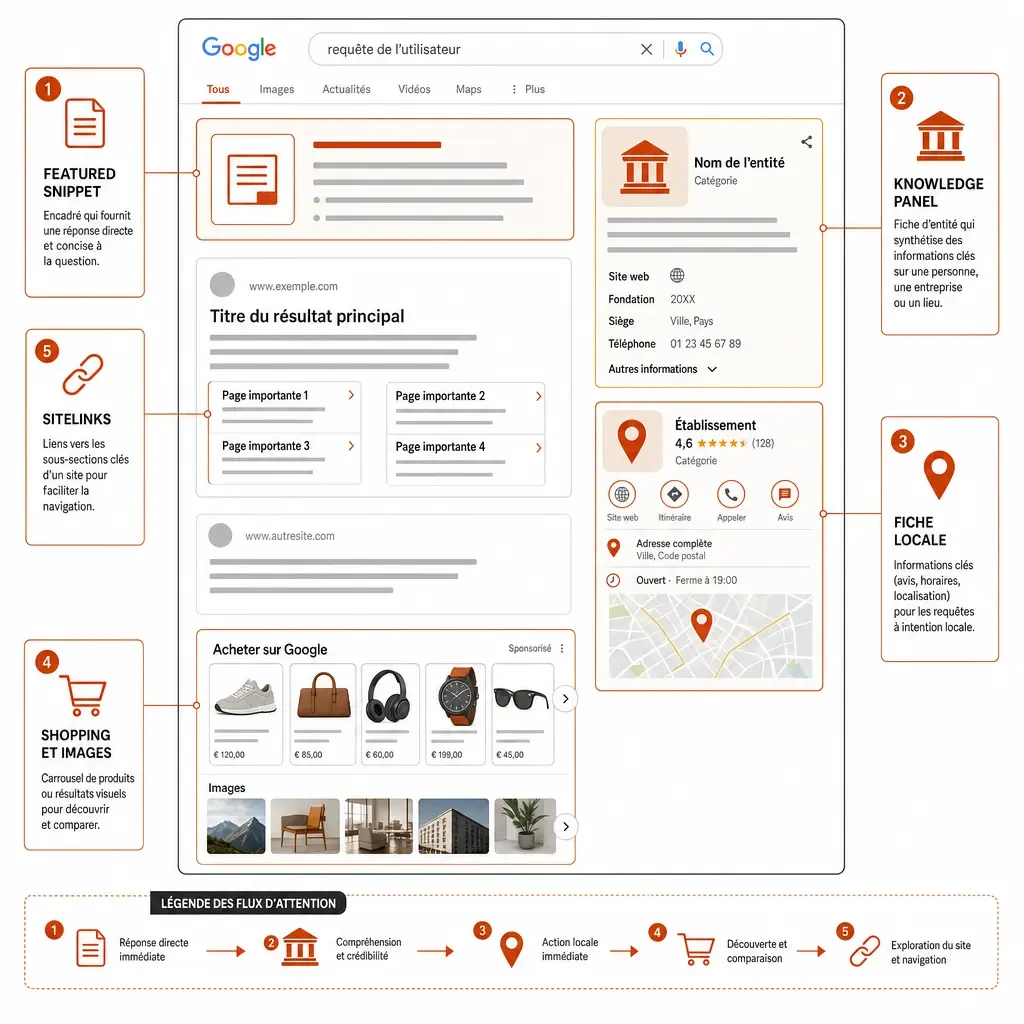 Infographie de l'anatomie d'une page de résultats Google : featured snippet, knowledge panel, fiche locale, shopping et images, sitelinks