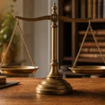 Balance ancienne en laiton en équilibre parfait sur un bureau en bois, lumière chaude, symbolisant l'équilibre des leviers de positionnement dans la SERP