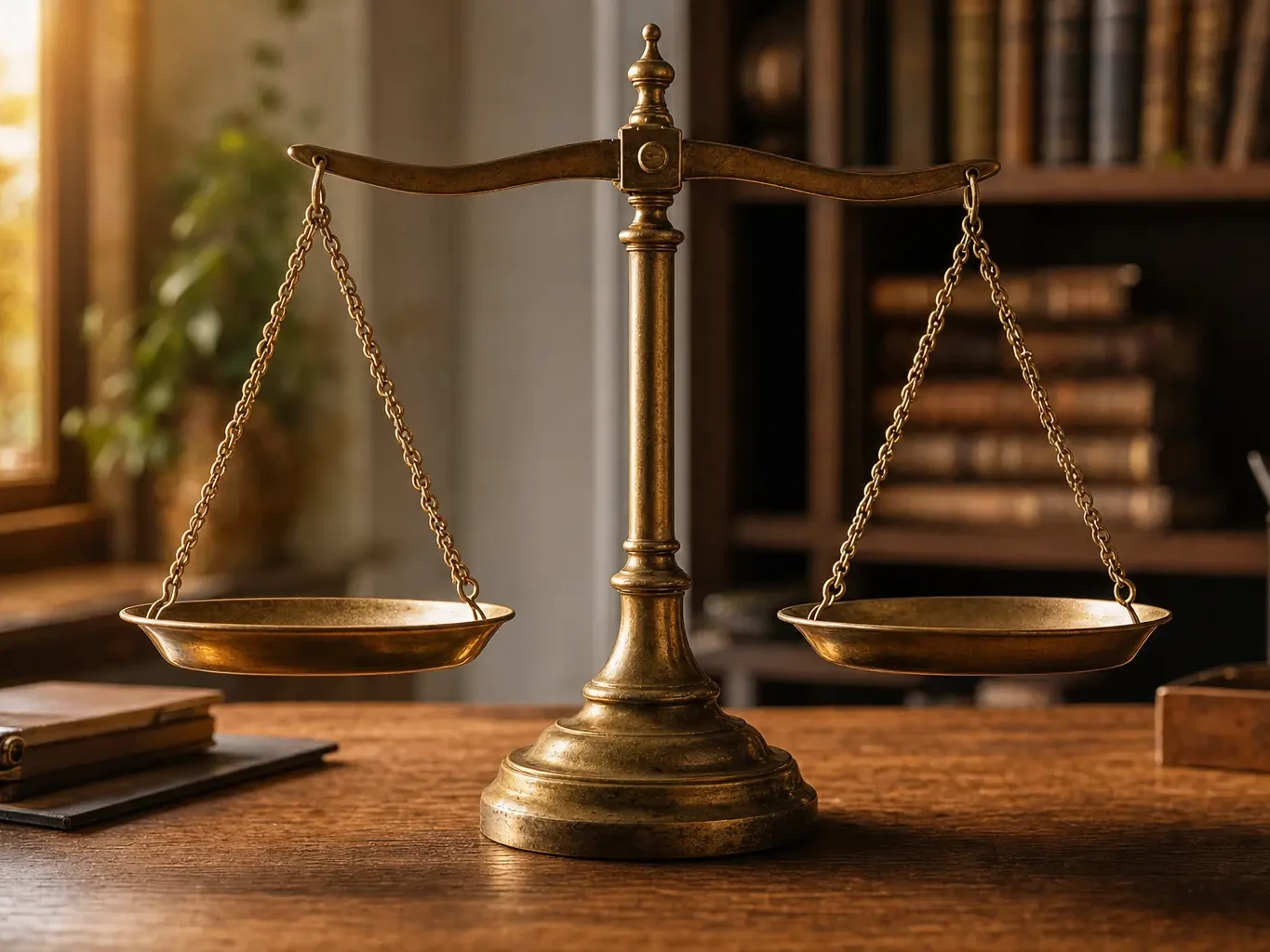 Balance ancienne en laiton en équilibre parfait sur un bureau en bois, lumière chaude, symbolisant l'équilibre des leviers de positionnement dans la SERP