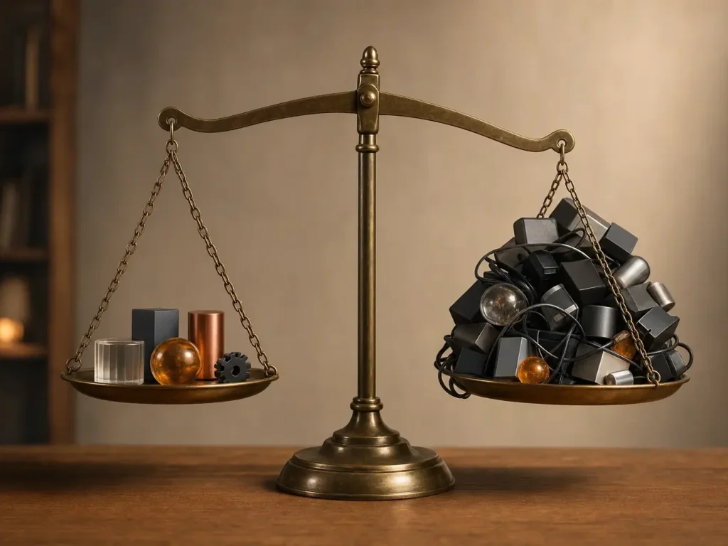 Balance en équilibre entre un stack IA de solopreneur réduit et une pile d'outils numériques inutilisés