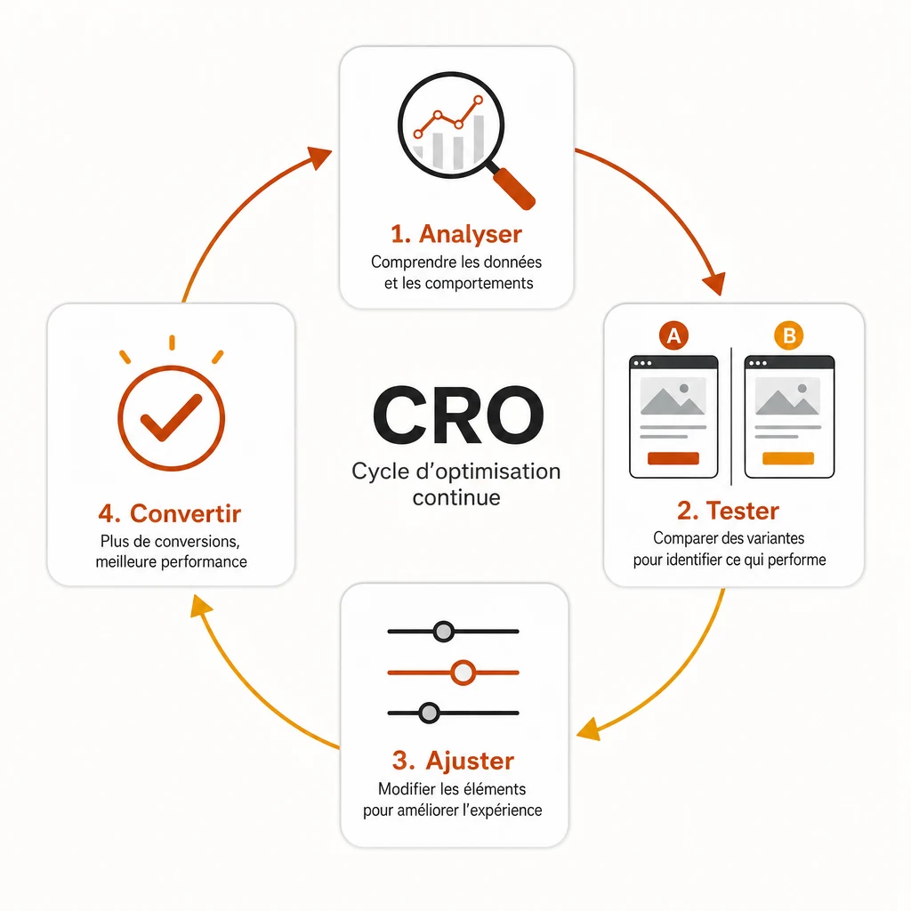 Schéma en cercle du cycle CRO (Conversion Rate Optimization) en quatre étapes : analyser, tester, ajuster, convertir