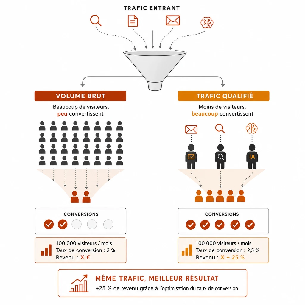 Comparatif visuel entre un trafic volumineux peu qualifié et un trafic qualifié par canal, montrant un meilleur taux de conversion et +25% de revenu à trafic égal