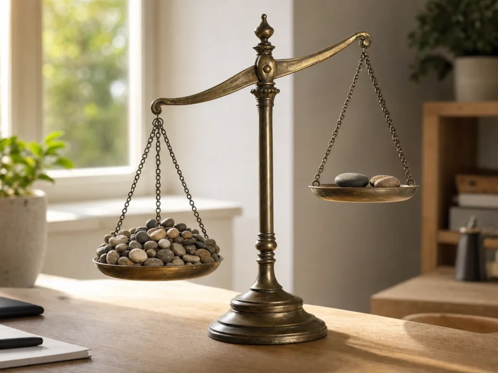 Balance ancienne en laiton en équilibre sur un bureau, un plateau chargé de nombreux petits cailloux face à un plateau avec quelques pierres plus grosses, symbolisant le volume de trafic face à la qualité de conversion