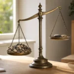 Balance ancienne en laiton en équilibre sur un bureau, un plateau chargé de nombreux petits cailloux face à un plateau avec quelques pierres plus grosses, symbolisant le volume de trafic face à la qualité de conversion