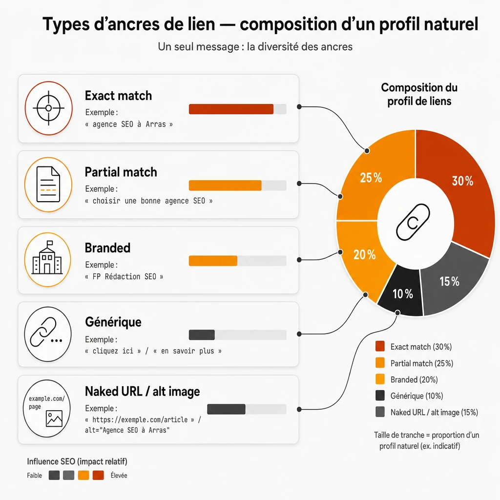 Infographie des types d’ancres de lien en SEO : exact match, partial match, branded, générique, naked URL