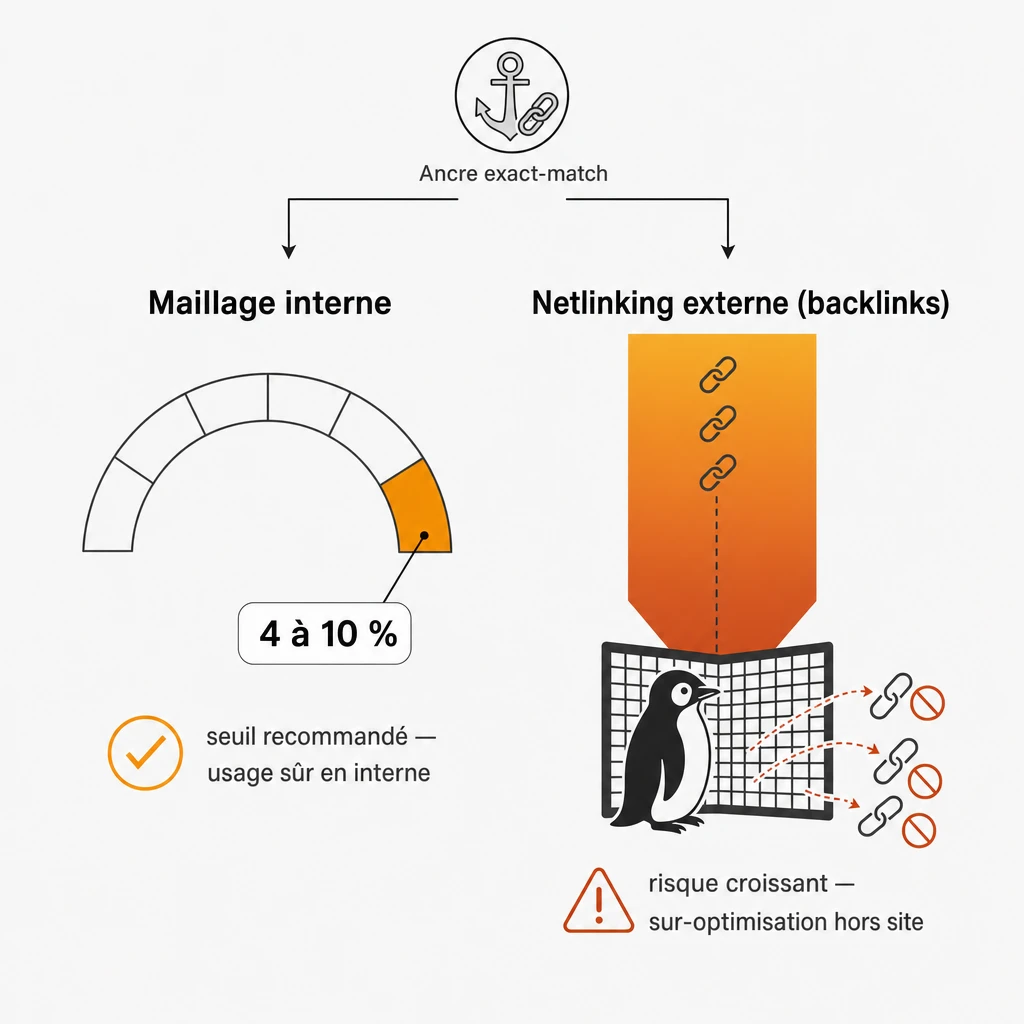 Schéma comparant l’absence de seuil chiffré en maillage interne au seuil de 4 à 10 % recommandé en netlinking externe pour éviter une pénalité Google Penguin