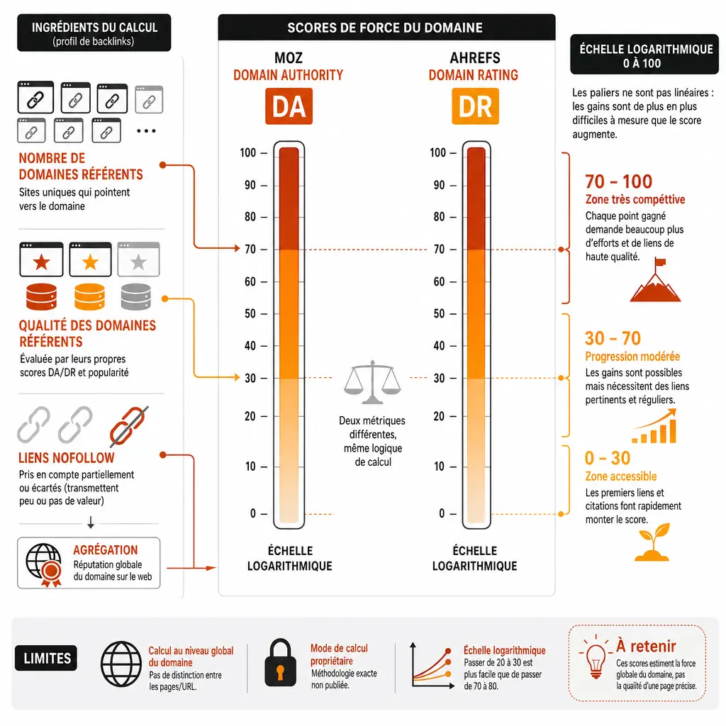 Comparatif du Domain Authority (Moz) et du Domain Rating (Ahrefs) sur une échelle logarithmique, avec les critères de calcul et les limites de ces métriques d'autorité de domaine