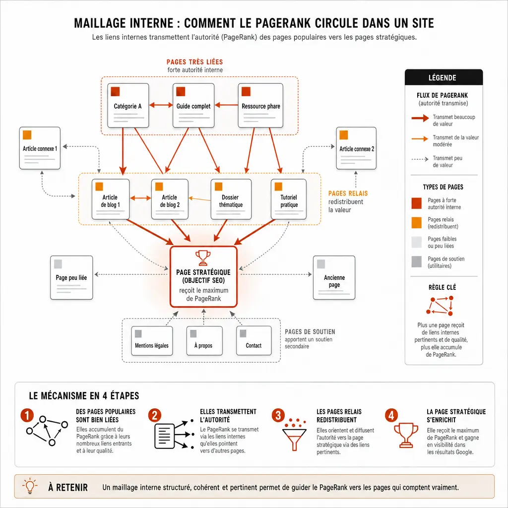 Schéma du mécanisme de circulation du PageRank via le maillage interne, des pages à forte autorité vers la page stratégique cible