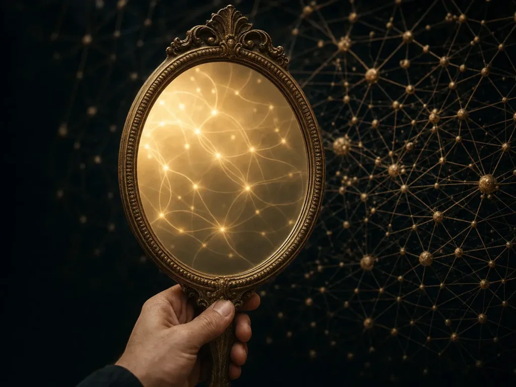 Un miroir ancien reflète un halo lumineux, métaphore de l'autorité de domaine perçue face au vrai réseau de liens qui compte pour Google