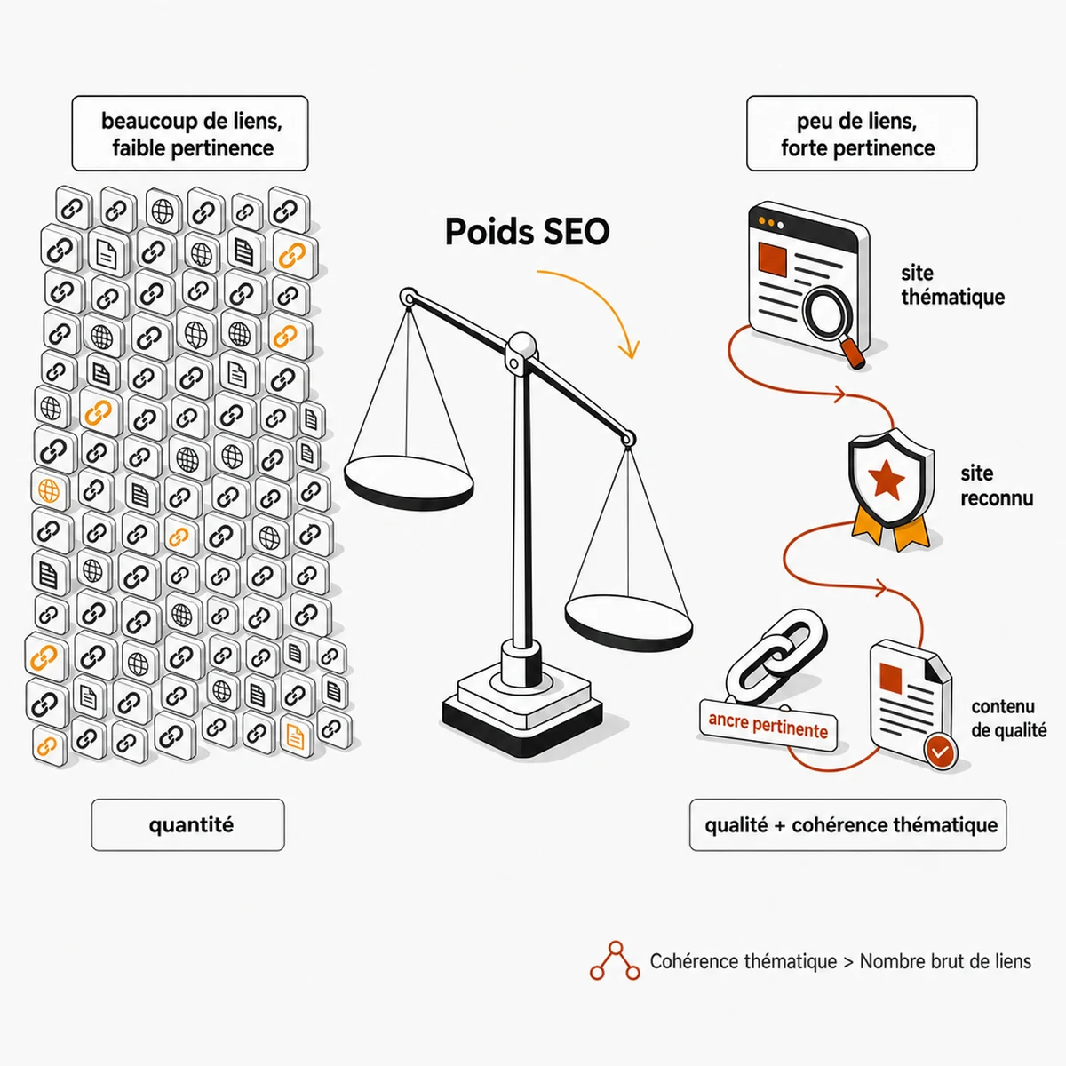 Balance illustrant que la qualité et la cohérence thématique des backlinks pèsent plus lourd que leur simple quantité