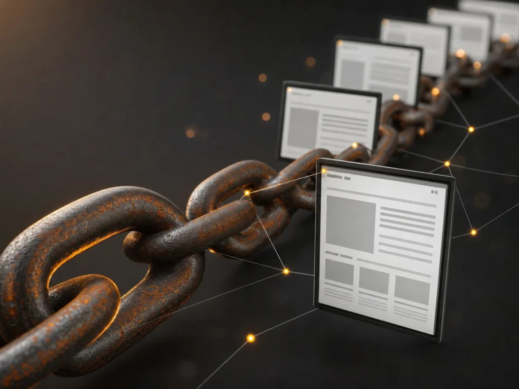 Chaîne métallique rouille reliant plusieurs pages web stylisées, illustrant le backlink comme vote de confiance entre sites