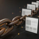 Chaîne métallique rouille reliant plusieurs pages web stylisées, illustrant le backlink comme vote de confiance entre sites