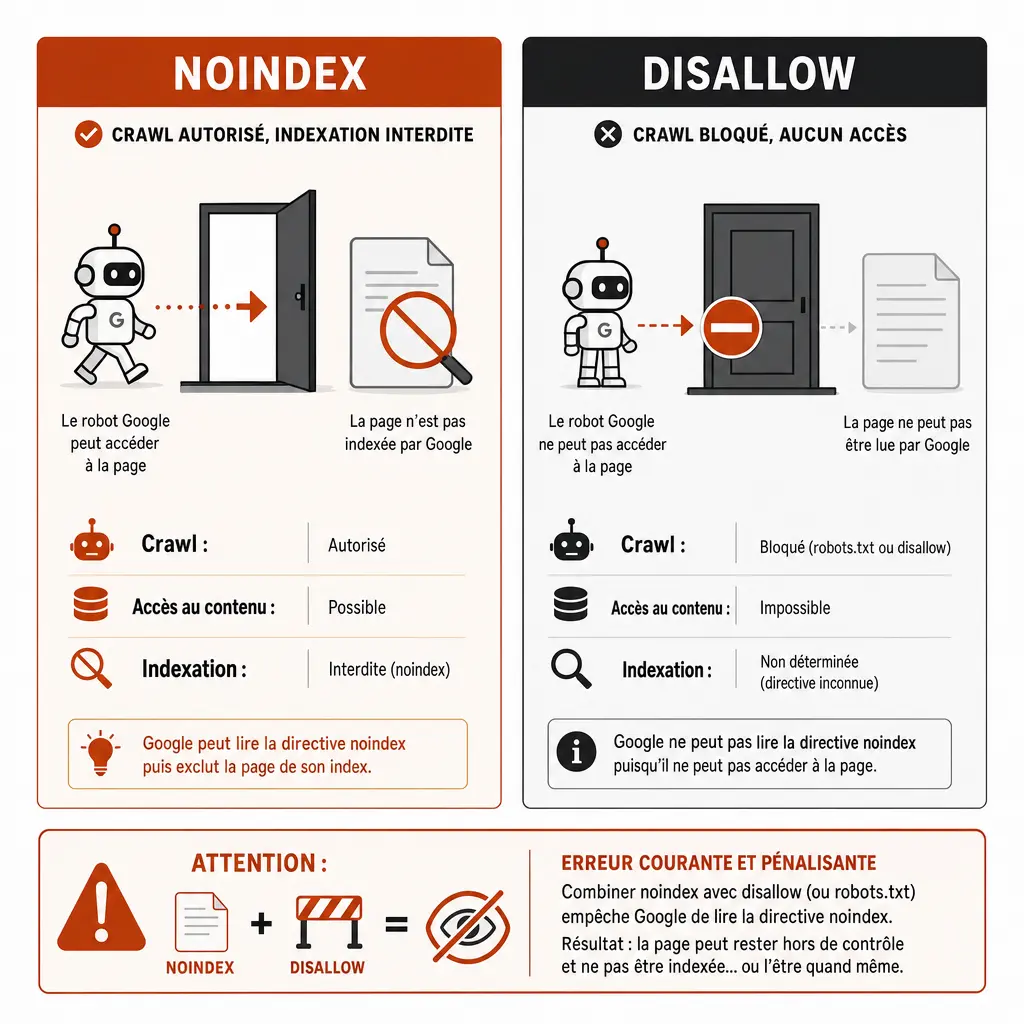 Infographie comparant noindex et disallow : noindex autorise le crawl mais bloque l'indexation, disallow bloque totalement l'accès du robot