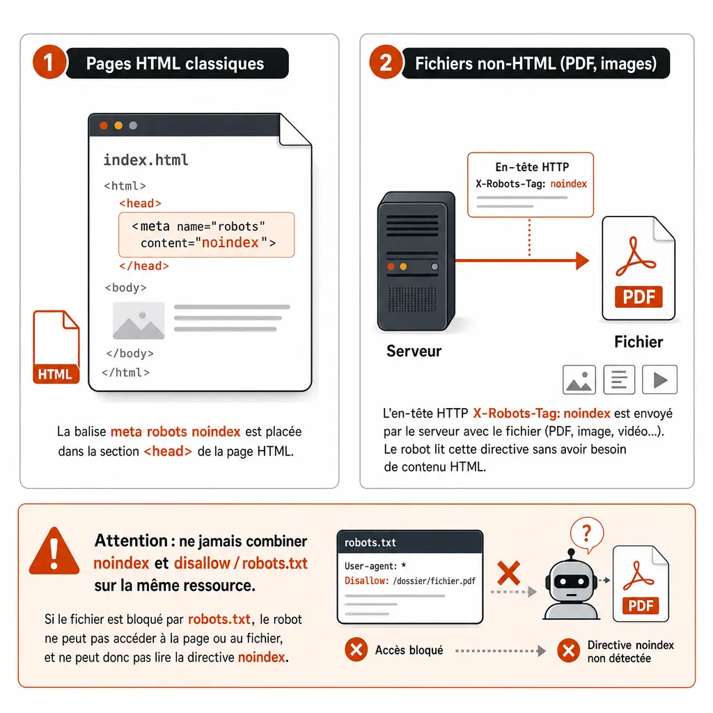 Schéma des deux méthodes d'implémentation de la balise noindex : balise meta robots en HTML et header HTTP X-Robots-Tag pour les fichiers non-HTML