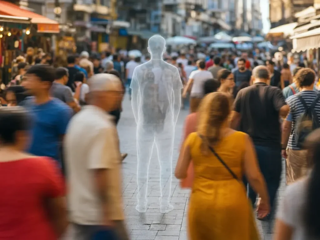 Silhouette humaine semi-transparente debout dans une rue animée, illustrant une page web accessible mais non indexée par Google (balise noindex)