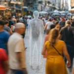 Silhouette humaine semi-transparente debout dans une rue animée, illustrant une page web accessible mais non indexée par Google (balise noindex)